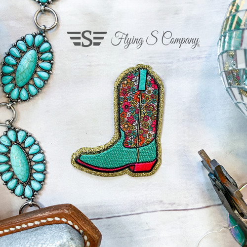 floral cowboy boot patch, western boot applique, embroidered cowgirl patch, iron-on boot patch, turquoise boot patch, rodeo patch, western fashion patch, floral embroidered patch, gold outline patch, colorful cowboy patch, ranch life applique, country style patch.