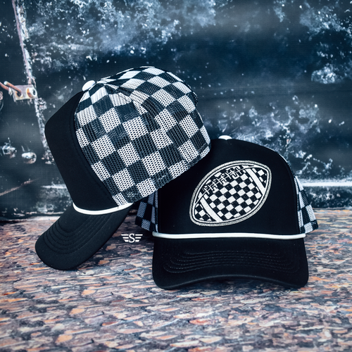 cap, hat, trucker hat, headwear, trucker, check, checkered, racing, school spirit, pep rally, school mascot, football, basket ball, baseball, boujee, trucker, hat bar
