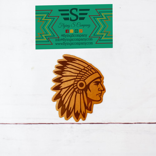 leather Indian head patch, Indian head leather patch, Braves leather patch, Chiefs leather patch, Warriors leather patch, Tribe leather patch, Native mascot leather patch, school mascot patch, sports mascot leather patch, baseball mascot patch, softball mascot patch, football mascot patch, western leather patch, laser engraved leather patch, genuine leather patch, trucker hat patch, mascot hat patch, custom leather patch, rustic leather patch, team spirit patch