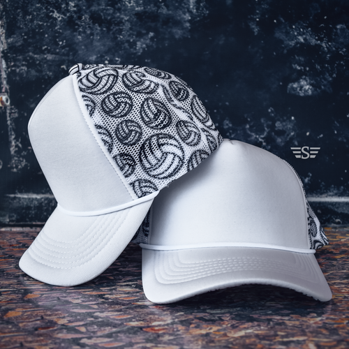 cap, hat, trucker hat, volleyball, gameday, baseball, headwear, checker trucker hat, printed mesh hat, printed trucker cap, checked trucker hat, check hat, soccer trucker hat, hat bar, hat patches