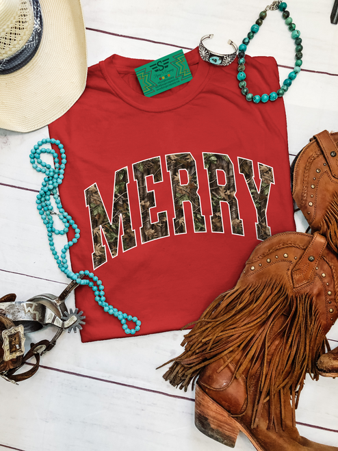 merry red tee, camo merry tee, christmas camo shirt, western christmas tee, country christmas outfit, red christmas shirt, boutique christmas tee, holiday graphic tee, festive camo shirt, flying s company christmas, merry graphic tee, christmas shirt women, red merry tee, country holiday shirt