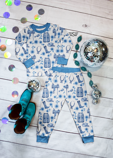western chinoiserie, blue western baby outfit, cowboy baby clothes, western pajamas, chinoiserie baby gown, blue floral cowboy print, Flying S Company, boutique western baby clothes, kids western set, cowboy zippie, blue and white western, ranch baby outfit, western joggers, western two piece