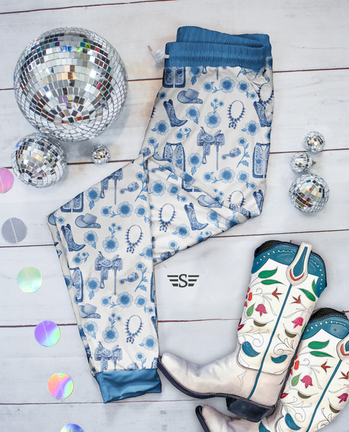 western chinoiserie, blue western baby outfit, cowboy baby clothes, western pajamas, chinoiserie baby gown, blue floral cowboy print, Flying S Company, boutique western baby clothes, kids western set, cowboy zippie, blue and white western, ranch baby outfit, western joggers, western two piece