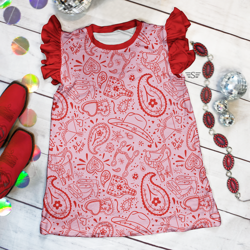 Valentine sleep gown, girls western nightgown, cowgirl pajama gown, pink bandana sleep dress, Valentine kids pajamas, western bedtime gown, girls rodeo nightwear, heart and paisley sleep gown, soft girls sleep dress, boutique kids nightgown, comfy cowgirl pajamas, cute Valentine sleepwear, girls pink pajama gown, western Valentine outfit, kids bedtime dress