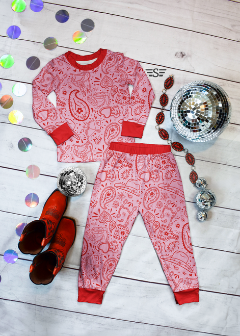 Valentine pajama set, western kids pajamas, bandana print PJs, pink Valentine PJs, red Valentine PJs, paisley pajama set, western pajama outfit, kids bandana sleepwear, cozy Valentine pajamas, holiday pajama set, western print PJs, soft kids sleep set, comfortable pajama set, rodeo themed pajamas, Valentine sleepwear set