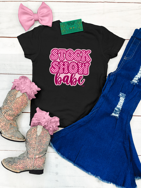 stock show babe shirt, kids stock show shirt, livestock show tee, western kids graphic tee, checkered stock show shirt, barn day kids outfit, rodeo kids shirt, stock show clothing for kids, cute western tee, boutique kids stock show shirt, show barn outfit, livestock show apparel, country kids tee, cattle show kids shirt, stock show graphic shirt