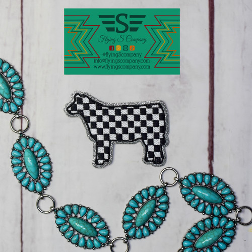 checkered livestock patch, checkered calf patch, checkered sheep patch, checkered goat patch, checkered pig patch, western animal patch, black and white checkered patch, livestock embroidered patch, western iron on patch, stock show patch, fair livestock patch, ranch style patch, western hat patch, cow silhouette patch, boutique western patch, embroidered animal patch, western fashion accessory, 4H livestock patch, FFA patch, show animal patch