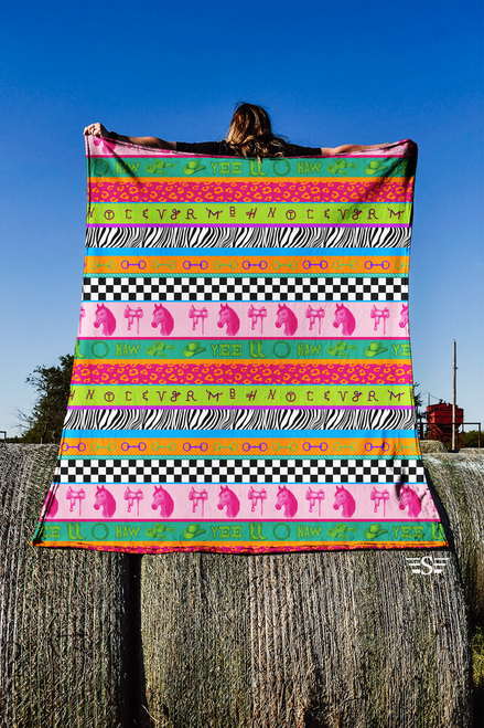 neon western blanket, rodeo blanket, western throw blanket, colorful western blanket, yee haw blanket, horse print blanket, western home decor blanket, boutique western blanket, cowgirl throw blanket, western aesthetic blanket, bright western blanket, statement throw blanket, ranch style blanket, western patterned blanket, cowgirl decor, western gift blanket, western living room decor, cozy western throw, Flying S blanket