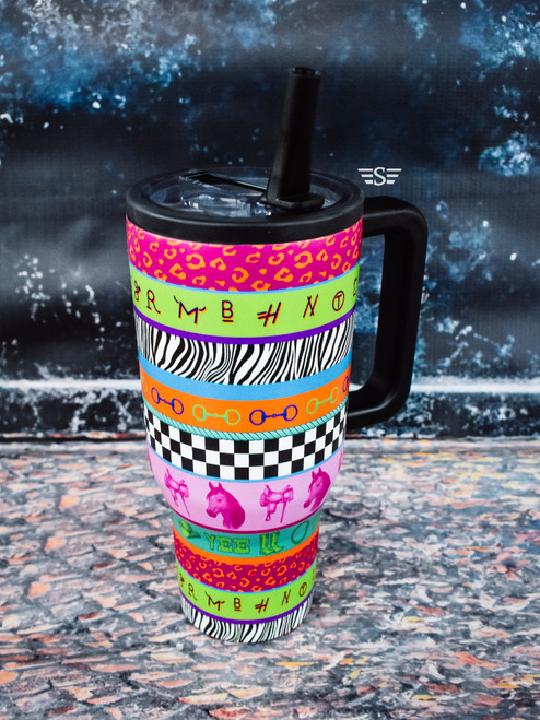 neon rodeo tumbler, western tumbler, rodeo cup, cowgirl tumbler, bucking horse cup, western drinkware, rodeo drinkware, neon western cup, insulated tumbler, stainless steel tumbler, rodeo gift, cowgirl gift, barrel racer cup, ranch life cup, country aesthetic tumbler, western lifestyle cup, neon western aesthetic, colorful rodeo tumbler, horse girl tumbler, Flying S style tumbler