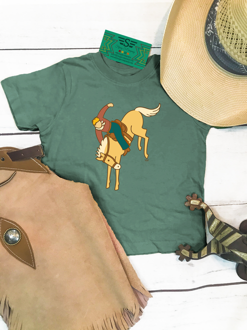 half broke bronc tee, kids western tee, bronc rider kids shirt, cowboy kids shirt, western graphic kids tee, toddler cowboy shirt, kids rodeo outfit, ranch kid clothing, western boutique kids, bronc riding shirt kids, stock show kids outfit, military green kids tee, western kids apparel, cowboy aesthetic kids