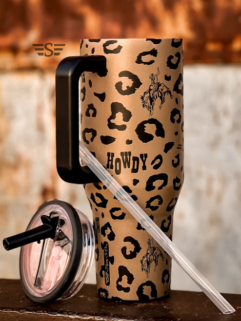 Spotted and Spurred tumbler, western leopard tumbler, yeehaw tumbler, cowgirl insulated cup, western handled tumbler, rodeo drinkware, boutique western cup, leopard print cowgirl gift, country girl tumbler, bronc rider cup, western iced coffee tumbler, trendy western drinkware, cowboy aesthetic cup, western gift for her