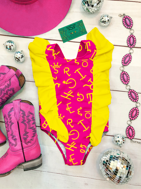 brand, cattle brand, neon, safe swim, western, ranch, horses, cow, cattle, rancher, ruffle, swimsuit, swim suit, one piece