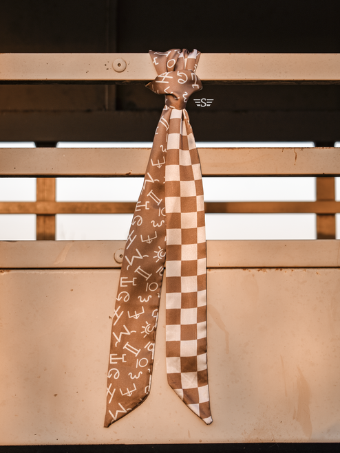 western twilly scarf, checkered western scarf, caramel twilly, western hair scarf, cowgirl scarf accessory, western silk scarf, neutral western accessory, ranch style scarf, western bag scarf, hat wrap western, western neck scarf, cowgirl fashion accessory, western boutique scarf, everyday western accessory, rustic western scarf