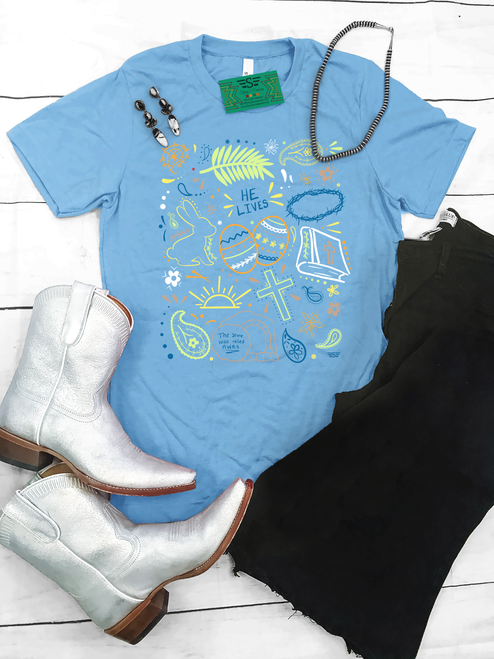 he lives shirt, easter christian shirt, blue easter shirt, faith based easter tee, religious easter graphic, christian graphic tee design, he is risen shirt, easter sunday outfit, church outfit easter, faith apparel women, christian boutique clothing, religious graphic shirt, cross crown of thorns design, empty tomb graphic, easter faith design, spring christian shirt, blue christian shirt, western christian boutique, inspirational faith apparel, bible theme graphic shirt, jesus resurrection shirt, christian holiday apparel, cute easter tee women, faith based boutique graphic, religious spring outfit, christian lifestyle apparel