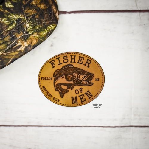 fisher of men patch, fishing patch, christian patch, faith patch, bible verse patch, fishing leather patch, outdoorsman patch