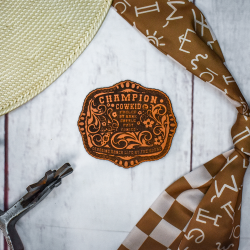 cowkid patch, cowboy patch, rodeo patch, western buckle patch, leather patch, ranch patch, cowboy kid patch, western engraved patch