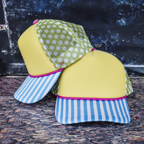 trucker hat, colorful trucker hat, retro hat, summer hat, beach vibe hat, striped brim hat, boutique trucker hat, fun color hat, magna pony, printed mesh trucker hat