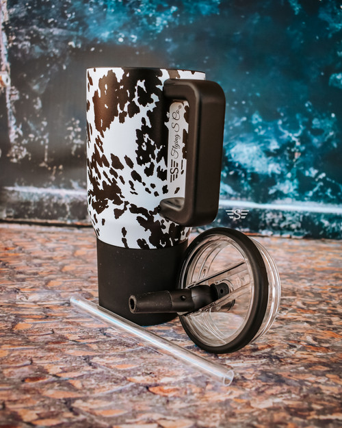 cow print tumbler, western tumbler, cowgirl cup, handled tumbler, insulated travel mug, western drinkware, boutique tumbler, country girl cup, iced coffee tumbler, western gift for her