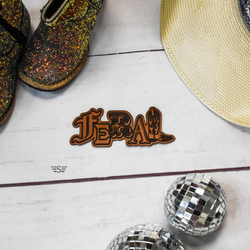 feral leather patch, feral hat patch, western leather patch, cowboy leather patch, cowboy boot leather patch, western hat patch, country hat patch, rodeo hat patch, cowgirl hat patch, ranch hat patch, western trucker hat, laser engraved leather patch, genuine leather patch, western apparel, country western accessories, rustic leather patch, trucker hat patch, baseball cap patch, western lifestyle, custom leather patch