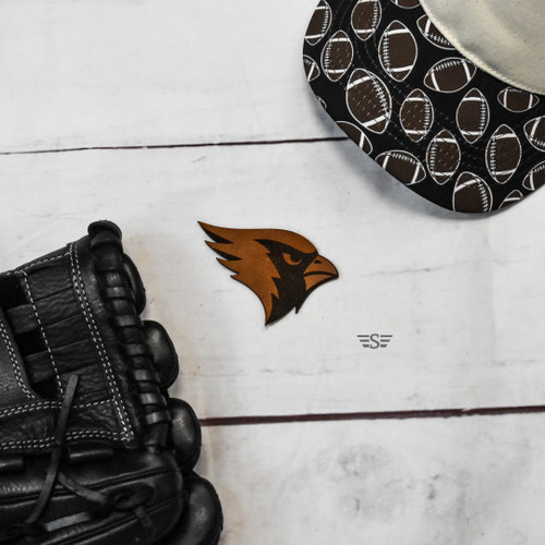 cardinal leather patch, blue jay leather patch, bird leather patch, cardinal patch, blue jay patch, bird mascot patch, mascot leather patch, cardinal hat patch, blue jay hat patch, school mascot patch, sports mascot patch, laser engraved leather patch, genuine leather patch, trucker hat patch, western leather patch, football mascot patch, baseball mascot patch, school spirit patch, rustic leather patch, bird head patch