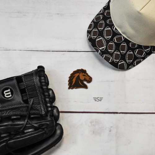 bronco leather patch, mustang leather patch, horse leather patch, horse head leather patch, bronco patch, mustang patch, horse patch, bronco hat patch, mustang hat patch, horse hat patch, school mascot patch, mascot leather patch, western leather patch, equestrian leather patch, ranch leather patch, laser engraved leather patch, genuine leather patch, trucker hat patch, sports mascot patch, rustic leather patch