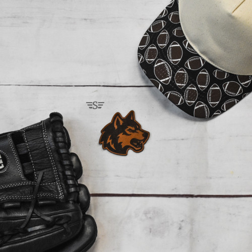 Wolves Leather Patch, Huskies Leather Patch, Wolf Leather Patch, Wolf Mascot Patch, Wolves Patch, Huskies Patch, Wolfpack Patch, Timberwolves Patch, Grey Wolf Patch, Coyote Patch, School Mascot Patch, Team Spirit Patch, Leather Hat Patch, Laser Engraved Leather Patch, Custom Hat Patch, Genuine Leather Patch, Western Hat Patch, Richardson Hat Patch, Trucker Hat Patch, Sports Team Patch, Football Mascot Patch, Baseball Mascot Patch