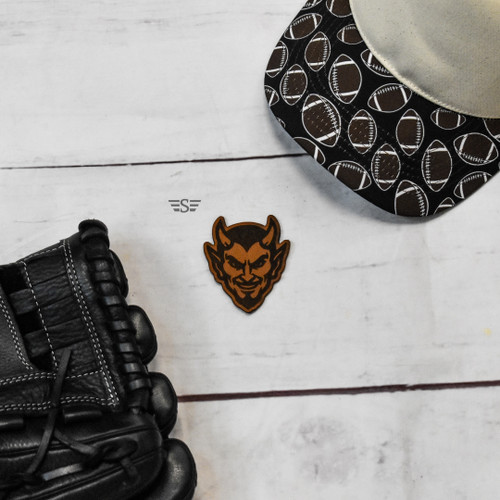 Devil Head Leather Patch, Devils Leather Patch, Red Devils Leather Patch, Blue Devils Leather Patch, Fighting Devils Leather Patch, Demon Leather Patch, Demons Leather Patch, Blue Demons Leather Patch, School Mascot Leather Patch, Team Spirit Leather Patch, Leather Hat Patch, Genuine Leather Patch, Laser Engraved Leather Patch, Custom Hat Patch, Richardson Hat Patch, Trucker Hat Patch, Football Mascot Patch, Baseball Mascot Patch, Basketball Mascot Patch
