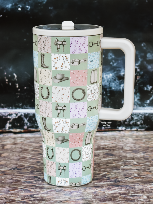 Boots Bits and Blossoms tumbler, western tumbler, floral western tumbler, cowgirl tumbler, cowboy tumbler, horse tumbler, patchwork tumbler, western drinkware, insulated tumbler, 32 oz tumbler, WashEasy lid tumbler, easy clean tumbler, horse lover gift, ranch gift, western gift, cowboy boots tumbler, horse bits tumbler, floral tumbler