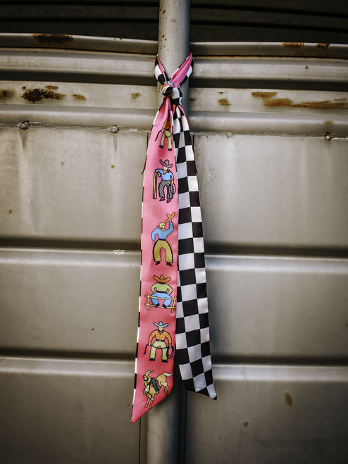 neon cowboy twilly, western twilly scarf, cowboy twilly, pink twilly scarf, western purse scarf, handbag twilly, silk twilly scarf, horse show scarf, western hair scarf, black and white checkered scarf, cowboy accessory, western fashion accessory, retro cowboy scarf, colorful twilly, western neck scarf, cowgirl scarf, purse handle scarf, western boutique accessory, rodeo fashion, western silk scarf