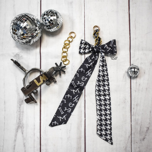 black brands twilly purse charm, western brands twilly, twilly purse charm, western purse accessory, handbag scarf accessory, black and white purse charm, houndstooth purse charm, western twilly scarf, purse bow charm, handbag charm, twilly bag charm, gold chain purse charm, western handbag accessory, purse handle charm, boutique purse accessory, cowgirl purse accessory, western bag charm, purse scarf charm, western boutique accessory, handbag bow charm
