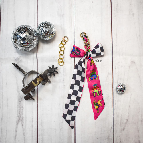 neon cowboy twilly purse charm, western purse charm, cowboy purse charm, twilly purse charm, retro cowboy purse accessory, western handbag accessory, checkerboard purse charm, purse scarf charm, handbag scarf accessory, cowgirl purse accessory, western bag charm, twilly bag charm, gold chain purse charm, boutique handbag accessory, colorful western accessory, rodeo purse accessory, western fashion accessory, clip on purse charm, western boutique accessory, handbag bow charm