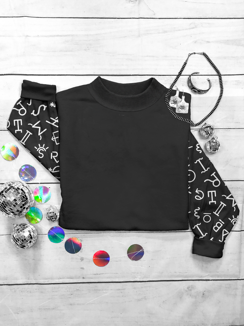 black brands mock neck, western mock neck, black mock neck shirt, western brands shirt, western mock neck top, western apparel, rodeo clothing, stock show apparel, western layering top, boutique western clothing, cowgirl mock neck, youth western shirt, western fashion top, western brands print, Flying S Company