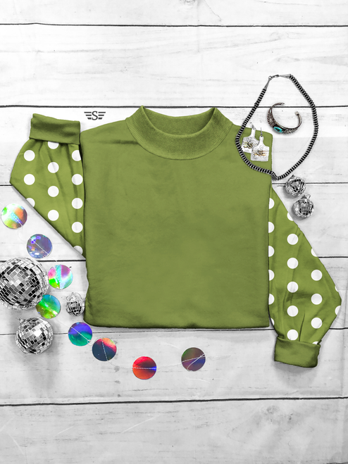 army green polka dot mock neck, polka dot mock neck, green mock neck, army green mock neck, western mock neck, polka dot western top, layering mock neck, western layering top, cowgirl mock neck, boutique western clothing, long sleeve mock neck, western basics, western apparel, stock show clothing, Flying S Company