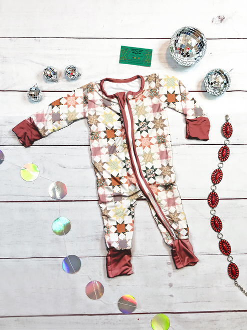 Petals and Patchwork bamboo zippie, bamboo convertible sleeper, bamboo baby pajamas, floral bamboo sleeper, patchwork bamboo pajamas, quilt inspired baby sleeper, newborn bamboo zippie, convertible footie pajamas, buttery soft bamboo sleeper, heirloom quilt baby outfit, floral newborn pajamas, baby zipper sleeper, boutique bamboo baby clothes, breathable bamboo pajamas, Flying S Company bamboo