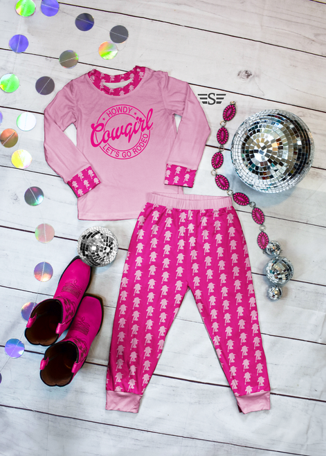 Howdy Cowgirl bamboo two piece set, girls bamboo pajamas, bamboo toddler pajama set, western girls pajamas, cowgirl bamboo outfit, pink western pajama set, boutique girls bamboo clothing, toddler western outfit, bamboo lounge set, cowgirl sleepwear, girls western clothing, bamboo jogger set, breathable bamboo pajamas, Flying S Company bamboo, western boutique pajamas