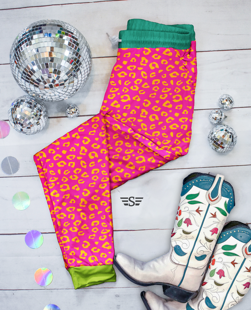 Leopard Tri bamboo joggers, pink leopard joggers, bamboo baby joggers, western baby joggers, girls bamboo pants, colorful leopard print joggers, hot pink leopard pants, bamboo toddler joggers, boutique bamboo clothing, bamboo kids joggers, western toddler outfit, buttery soft bamboo, breathable bamboo clothing, western baby clothes, Flying S Company