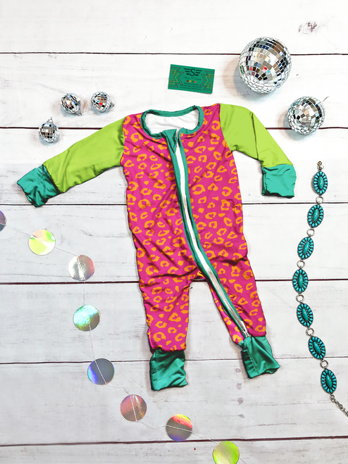 Leopard Tri bamboo zippie, bamboo baby sleeper, pink leopard sleeper, bamboo zipper pajamas, western baby sleeper, colorful bamboo pajamas, girls bamboo sleeper, hot pink leopard baby pajamas, bamboo infant pajamas, boutique bamboo baby clothes, two-way zipper sleeper, soft bamboo sleeper, breathable baby pajamas, western newborn outfit, Flying S Company