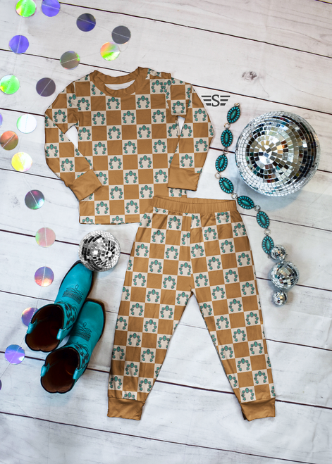 Naja Checked bamboo pajamas, bamboo two piece pajamas, western bamboo pajamas, turquoise naja pajamas, checkerboard bamboo pajamas, Southwest baby pajamas, bamboo toddler pajamas, boutique bamboo sleepwear, western kids pajamas, bamboo pajama set, soft bamboo pajamas, breathable bamboo sleepwear, toddler bamboo pajamas, western baby clothes, Flying S Company