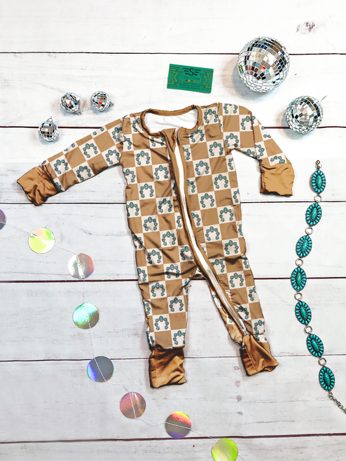 Naja Checked bamboo zippie, bamboo baby sleeper, western bamboo sleeper, turquoise naja baby pajamas, checkerboard bamboo sleeper, Southwest baby clothes, bamboo zipper pajamas, boutique bamboo baby clothes, bamboo infant sleeper, western newborn outfit, soft bamboo sleeper, breathable bamboo pajamas, two-way zipper sleeper, western baby pajamas, Flying S Company