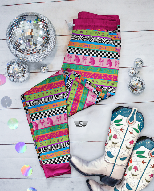 Neon Rodeo bamboo joggers, western bamboo joggers, toddler joggers, girls bamboo pants, western baby joggers, rodeo baby clothes, colorful western outfit, boutique bamboo joggers, western toddler outfit, cowgirl joggers, retro western baby clothes, bamboo kids pants, western boutique clothing, soft bamboo joggers, Flying S Company