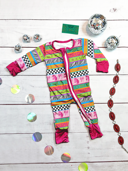 Neon Rodeo bamboo zippie, bamboo baby sleeper, western bamboo zippie, bamboo footless sleeper, western baby pajamas, cowgirl bamboo sleeper, cowboy bamboo sleeper, retro western baby clothes, bamboo zip pajamas, western newborn sleeper, boutique bamboo baby clothes, colorful bamboo sleeper, bamboo infant pajamas, western baby outfit, Flying S Company