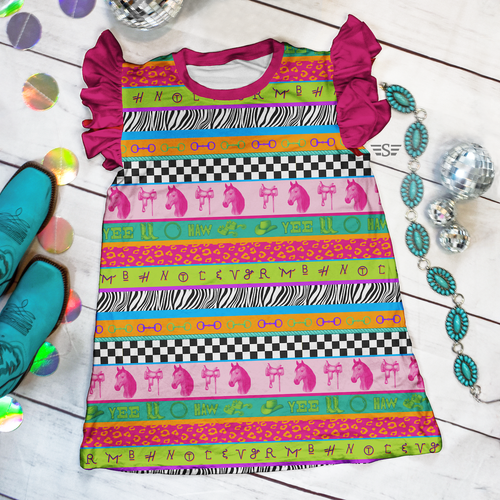 Neon Rodeo bamboo gown, western bamboo baby gown, cowgirl baby gown, bamboo newborn gown, western newborn outfit, ruffle bamboo baby gown, bamboo sleep gown, western baby clothing, boutique baby gown, horse baby outfit, rodeo baby gown, western baby pajamas, bamboo infant gown, western coming home outfit, baby shower gift, western nursery outfit, colorful western baby clothes, boutique bamboo baby clothing, Flying S Company bamboo gown