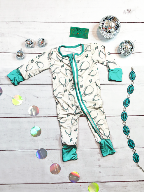 Drippin in Turquoise zippie, bamboo zippie, western bamboo sleeper, turquoise baby sleeper, squash blossom sleeper, bamboo footless sleeper, western baby pajamas, bamboo zipper pajamas, cowboy baby sleeper, cowgirl baby sleeper, bamboo infant sleeper, boutique bamboo baby clothes, southwestern baby sleeper, western newborn pajamas, Flying S Company