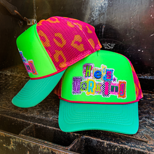 he’s working completed cap, he’s working trucker hat, completed trucker cap, western trucker hat, neon trucker hat, neon green trucker hat, colorful trucker hat, western patch hat, women’s trucker hat, cowgirl trucker hat, rodeo trucker hat, bright western cap, colorful patch cap, completed patch hat, mesh back trucker hat, snapback western hat, boutique trucker hat, women’s western cap, statement trucker hat, neon western hat