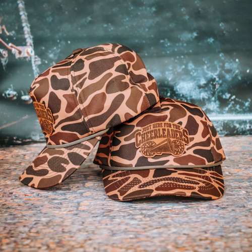 Just Here for the Cheerleaders cap, cheerleader cap, Pawpaw camo cap, boys camo cap, kids camo hat, cheerleader leather patch cap, game day cap, football game cap, Friday night lights hat, school spirit cap, boys game day hat, western kids cap, youth western hat, leather patch cap, camo leather patch hat, cheer mom family hat, cheer brother hat, cheerleader brother gift, funny boys hat, youth trucker cap, Flying S Company cap