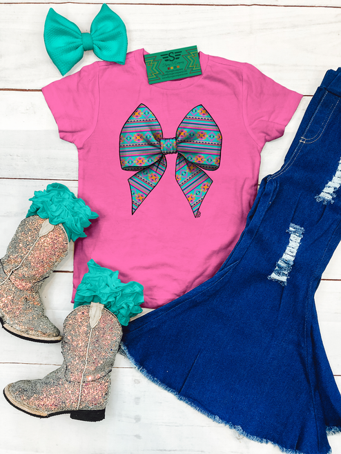 Aztec coquette bow kids shirt, western bow kids shirt, Aztec bow kids tee, colorful western kids shirt, turquoise bow kids shirt, cowgirl bow shirt, western graphic tee for girls, girls western shirt, southwestern bow kids shirt, western coquette kids shirt, rodeo kids shirt, stock show kids shirt, western toddler shirt, cowgirl kids graphic tee, western boutique kids clothing, oversized bow kids shirt, bright western kids tee