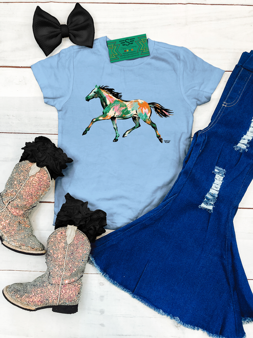 Brushstroke painted pony kids graphic shirt, brushstroke horse kids tee, colorful painted pony girls shirt, western horse graphic tee for kids, hand painted horse kids shirt, artistic western girls tee, turquoise and coral horse kids shirt, colorful western shirt for girls, painted pony kids graphic tee, running horse kids shirt, brushstroke horse design, western boutique kids clothing, cowgirl graphic tee for girls, abstract painted horse kids shirt, multicolor horse girls tee, western kids apparel, horse lover girls shirt, trendy western kids clothing, colorful cowgirl kids shirt, rodeo kids graphic tee, stock show girls shirt, modern western kids tee, western art inspired girls shirt, boho cowgirl kids shirt, Flying S Company