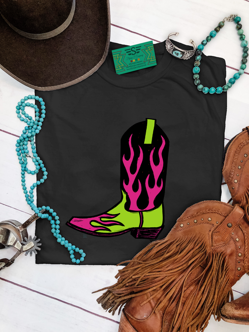Flame boot graphic shirt, flame cowboy boot shirt, pink and green flame boot shirt, western boot graphic tee, colorful western shirt, cowgirl graphic tee, flame cowboy boot, western boutique women's shirt, bright cowgirl shirt, retro cowboy boot shirt, western boot shirt, pink flame boot shirt, green cowboy boot graphic, trendy western shirt, rodeo shirt, stock show graphic tee, cowgirl fashion shirt, colorful western clothing, cowboy boot graphic tee, western boutique apparel, neon western shirt, funky cowgirl shirt, retro western fashion, Flying S Company