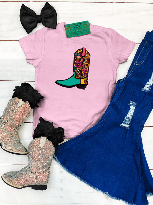 Floral boot kids shirt, floral cowboy boot kids tee, western girls graphic shirt, colorful cowboy boot kids shirt, retro western kids shirt, turquoise cowboy boot shirt, girls floral western tee, cowgirl kids graphic shirt, western boutique kids clothing, colorful western kids tee, girls cowboy boot shirt, retro cowgirl kids shirt, floral western graphic tee, western kids apparel, girls rodeo shirt, stock show kids shirt, western toddler shirt, little cowgirl shirt, bright floral boot shirt, boho western girls shirt, hand drawn cowboy boot tee, trendy girls western clothing, Flying S Company