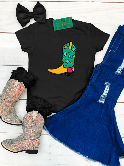 Vibrant star boot kids shirt, star cowboy boot kids graphic tee, western kids graphic shirt, colorful cowboy boot kids shirt, turquoise star boot shirt, lime green star cowboy boot, yellow cowboy boot kids tee, retro western kids shirt, funky western girls shirt, vibrant cowgirl kids shirt, colorful western graphic tee for girls, star print cowboy boot shirt, western boutique kids clothing, bright western kids shirt, retro cowgirl kids clothing, trendy western girls shirt, girls cowboy boot graphic tee, rodeo kids shirt, stock show kids shirt, colorful cowgirl shirt, turquoise western kids tee, western toddler shirt, youth western graphic tee, little cowgirl shirt, Flying S Company